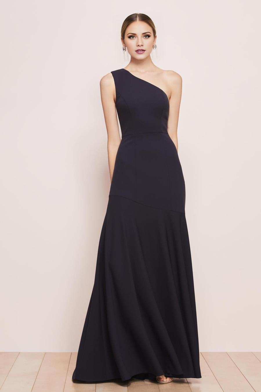 Dark Navy Crepe One Shoulder A-Line Floor-Length Bridesmaid Dress