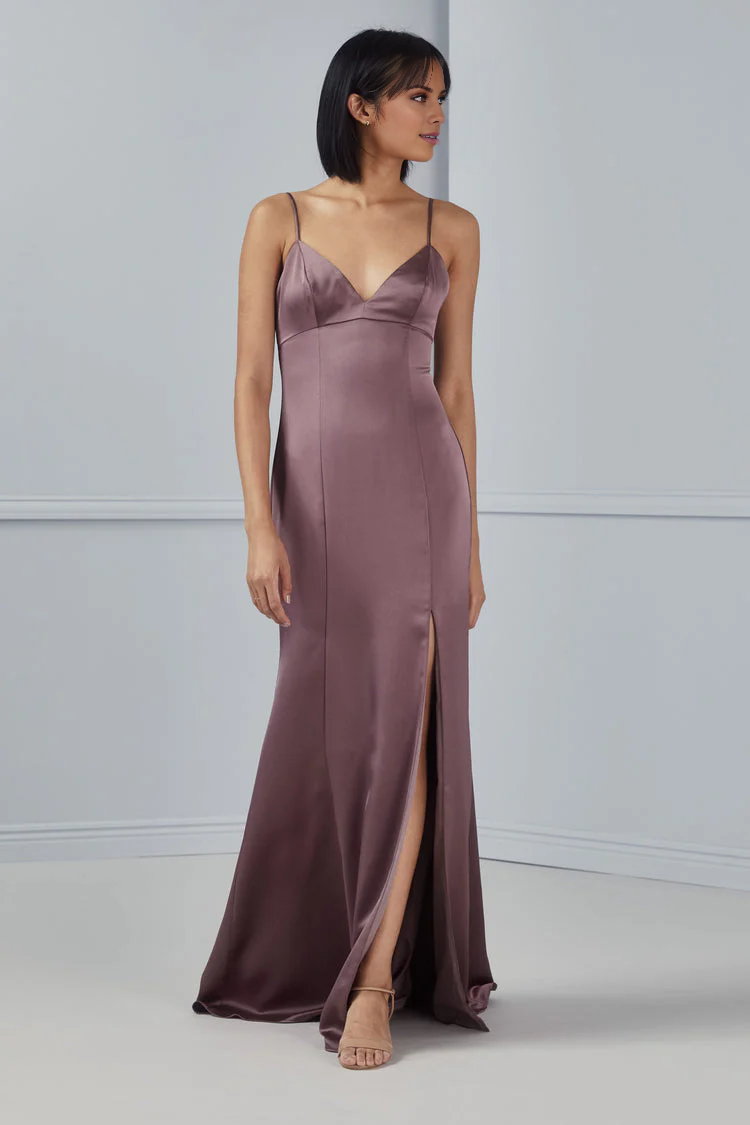 Vestido de fiesta Jimiss con escote en V, hombros descubiertos, sin mangas, tirantes finos, espalda descubierta, abertura lateral y largo hasta el suelo