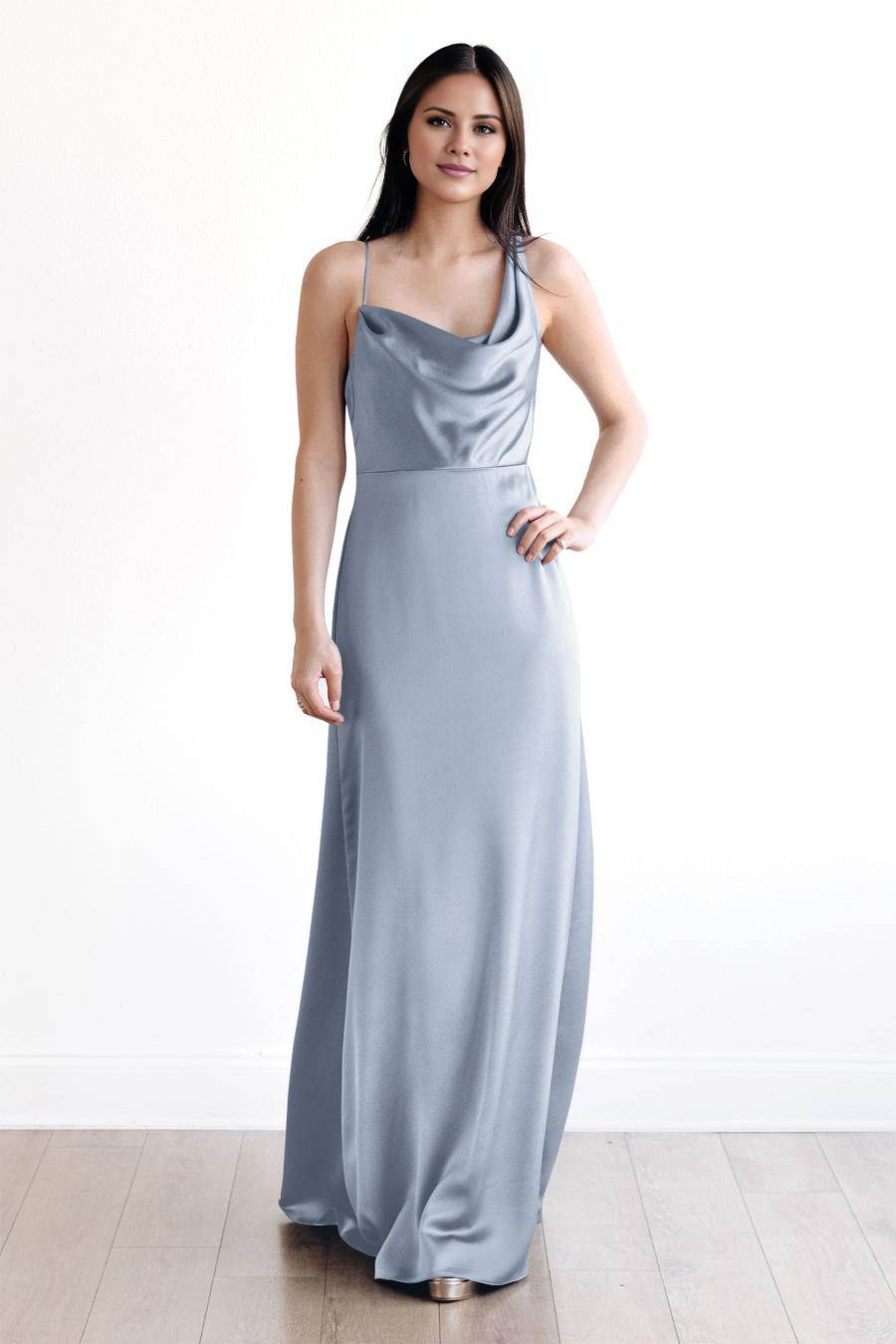 Dusty Blue Satin A-Line Floor-Length Dress with Cowl Neck and Spaghetti Straps