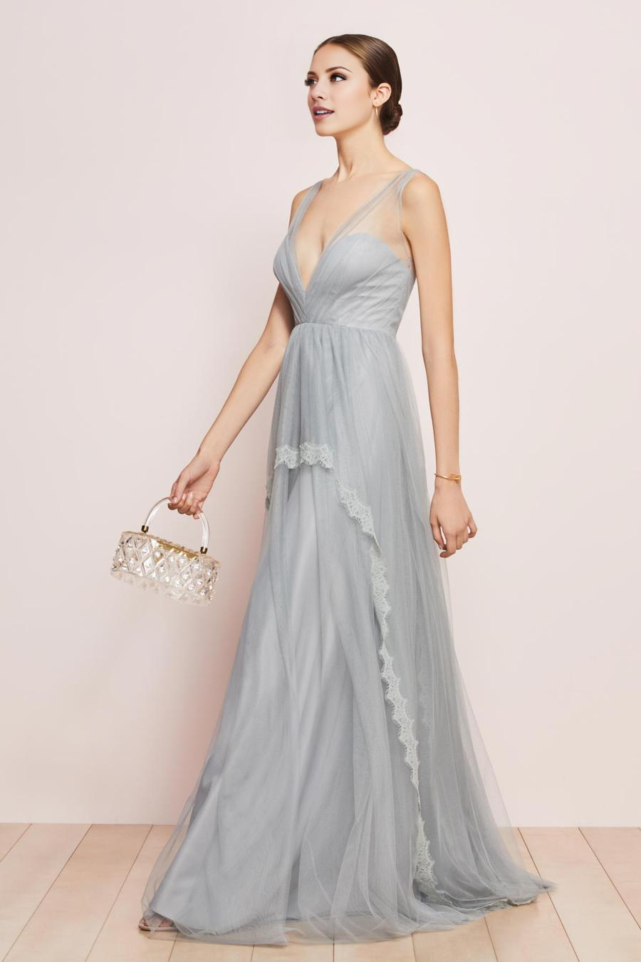 Dusty Blue Tulle A-Line Floor-Length Bridesmaid Dress with Illusion V-Neck and Cascading Lace Trim