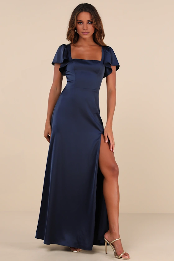Dark Navy Satin A-Line Floor-Length Bridesmaid Dress | Square Neck Flutter Sleeves