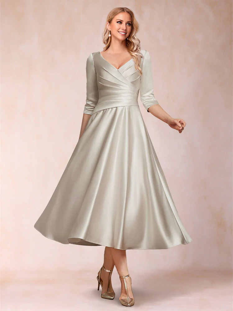 Champagne Satin A-Line V-Neck Tea-Length Bridesmaid Dress with Pleated Bodice