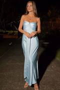 Vestido de fiesta azul largo con lazo y hombros descubiertos ajustado de Jimiss Fashion