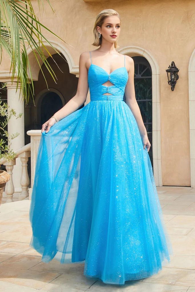 Blue Glitter Tulle Sweetheart Ball Gown Floor-Length Dress