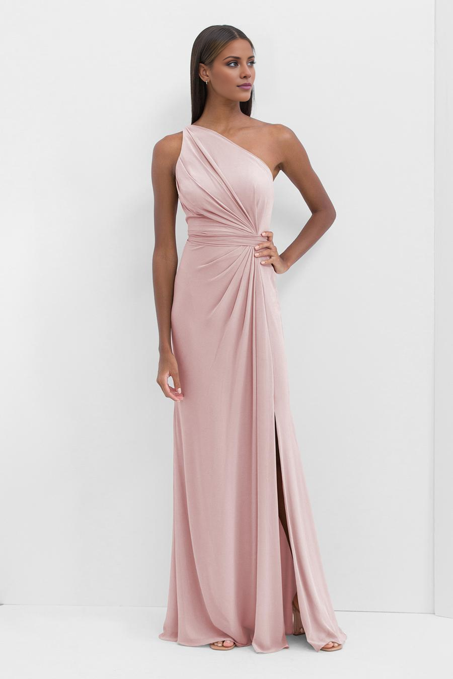 Blushing Pink Chiffon A-Line One Shoulder Floor-Length Dress with Draped Bodice and High Slit