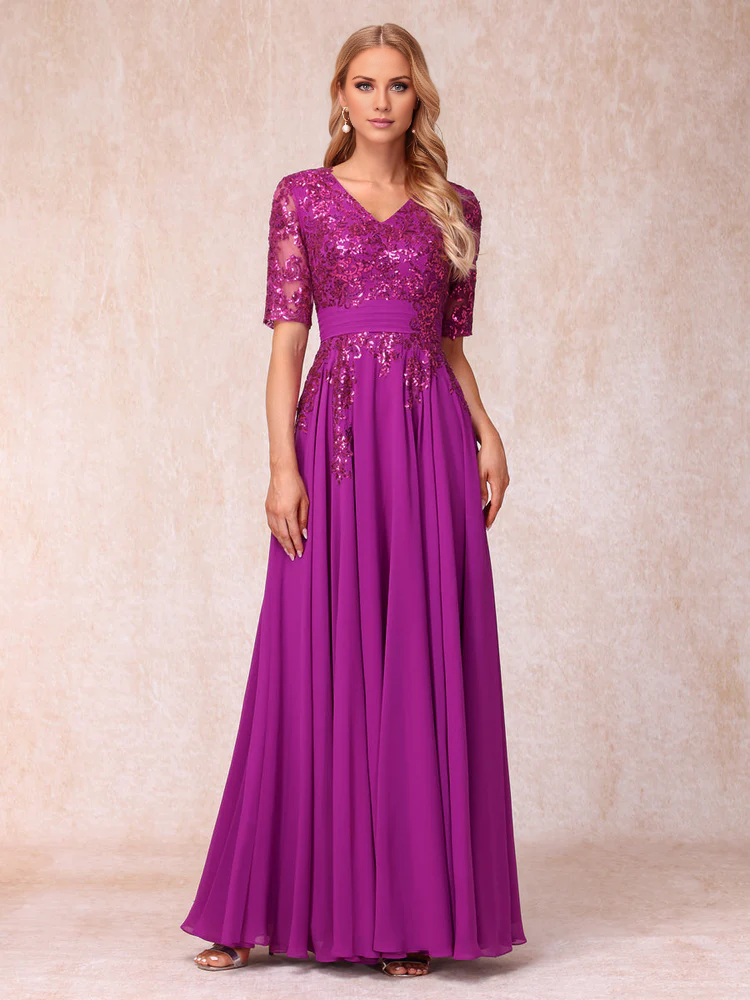 Purple Sequin V-Neck A-Line Chiffon Floor-Length Gown for Prom & Formal Events