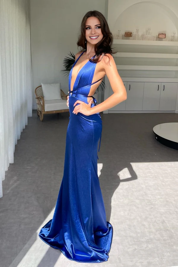 Vestido de noche formal de sirena Jimiss con escote en V bajo, espalda descubierta, sin mangas, plisado, largo hasta el suelo