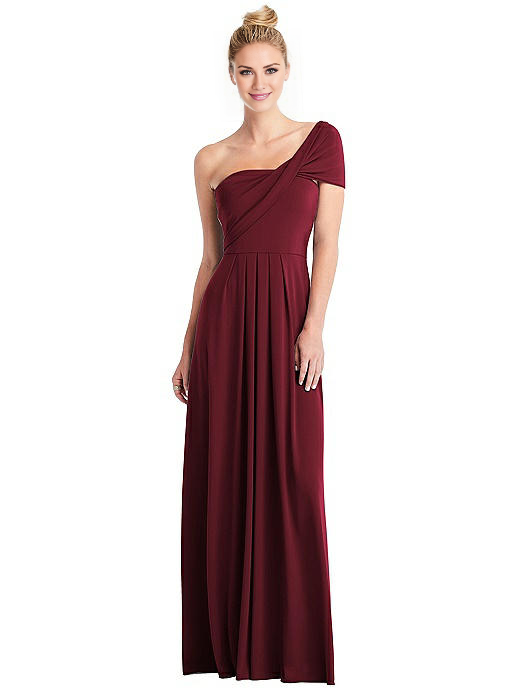 Jimiss asymmetrical collar off shoulder short sleeved backless and floor length evening dress