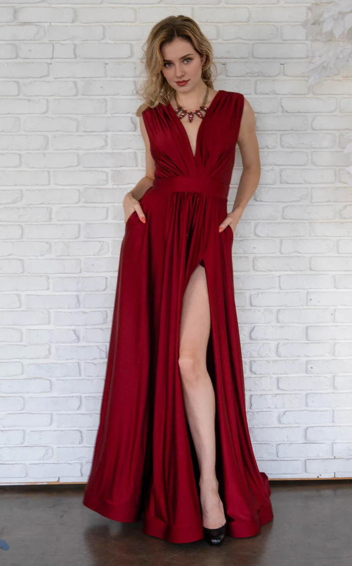 Deep V-neck sleeveless backless slit and floor length Prom dress
