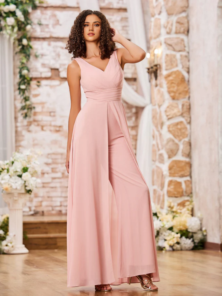 Blushing Pink Chiffon V-Neck Floor-Length Jumpsuits with Overlay Skirt