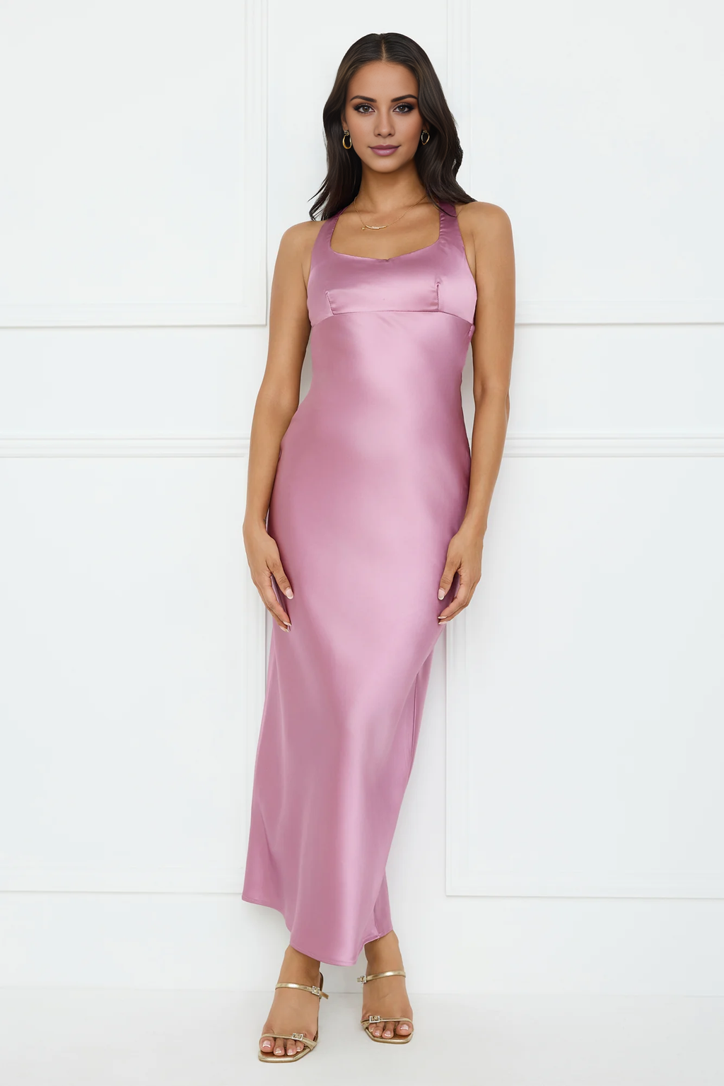 Vestido de fiesta largo de satén con cuello redondo y espalda descubierta de Jimiss