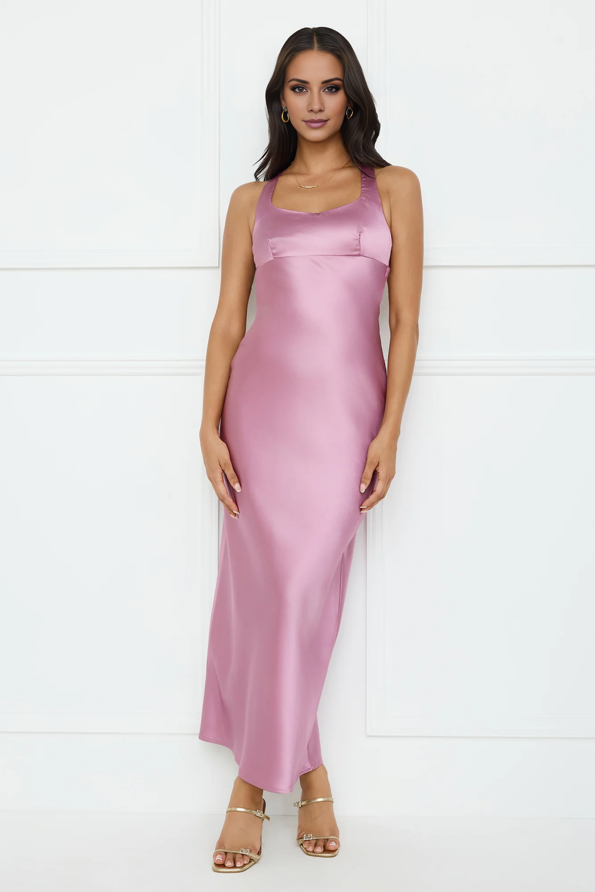 Vestido de fiesta largo de satén con cuello redondo y espalda descubierta de Jimiss