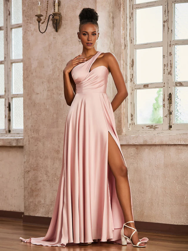 Satin Spaghetti-Strap Ruched Bodice High-Slit A-Line Train Floor-Length Bridesmaid Dresses