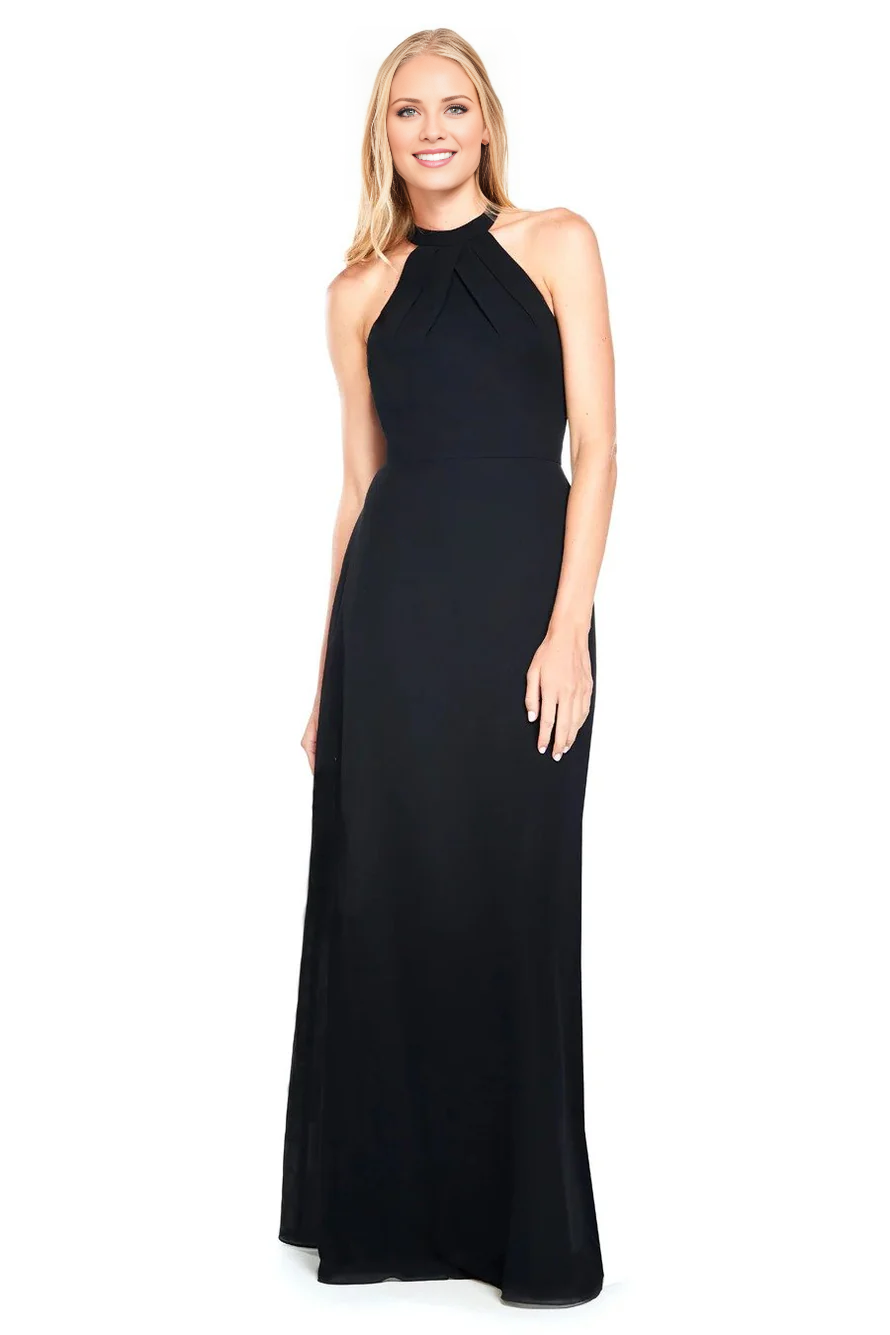 Black Chiffon A-Line Floor-Length Dress with Halter neckline & Pleated bodice