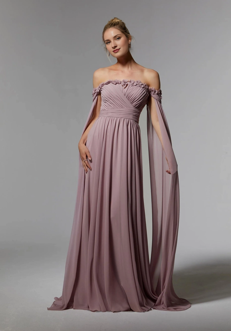 Dusty Rose Chiffon Off-the-Shoulder A-Line Floor-Length Dress