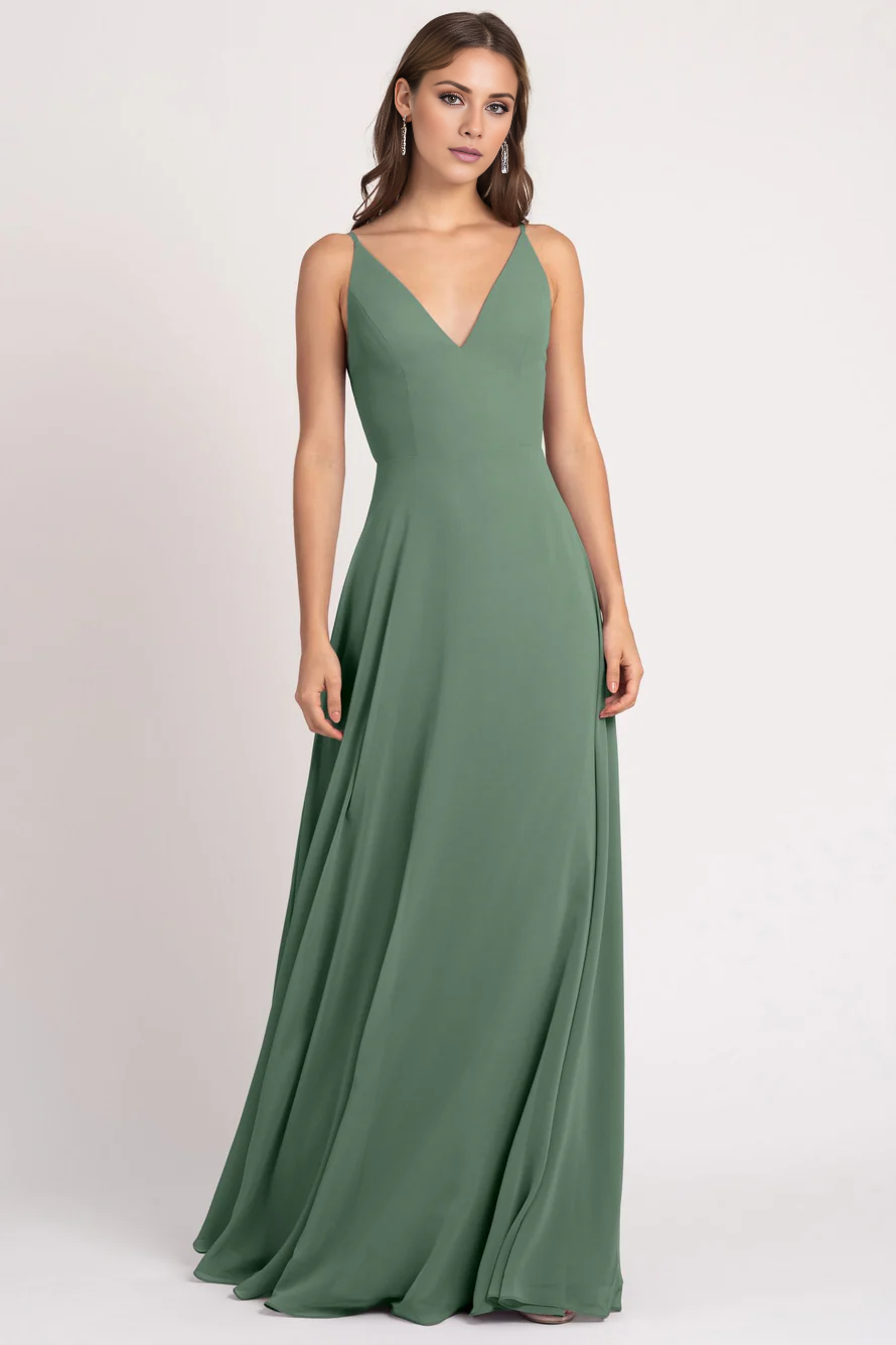 Vestido de noche Jimiss con escote en V, hombros descubiertos, sin mangas, tirantes finos, sin espalda y largo hasta el suelo