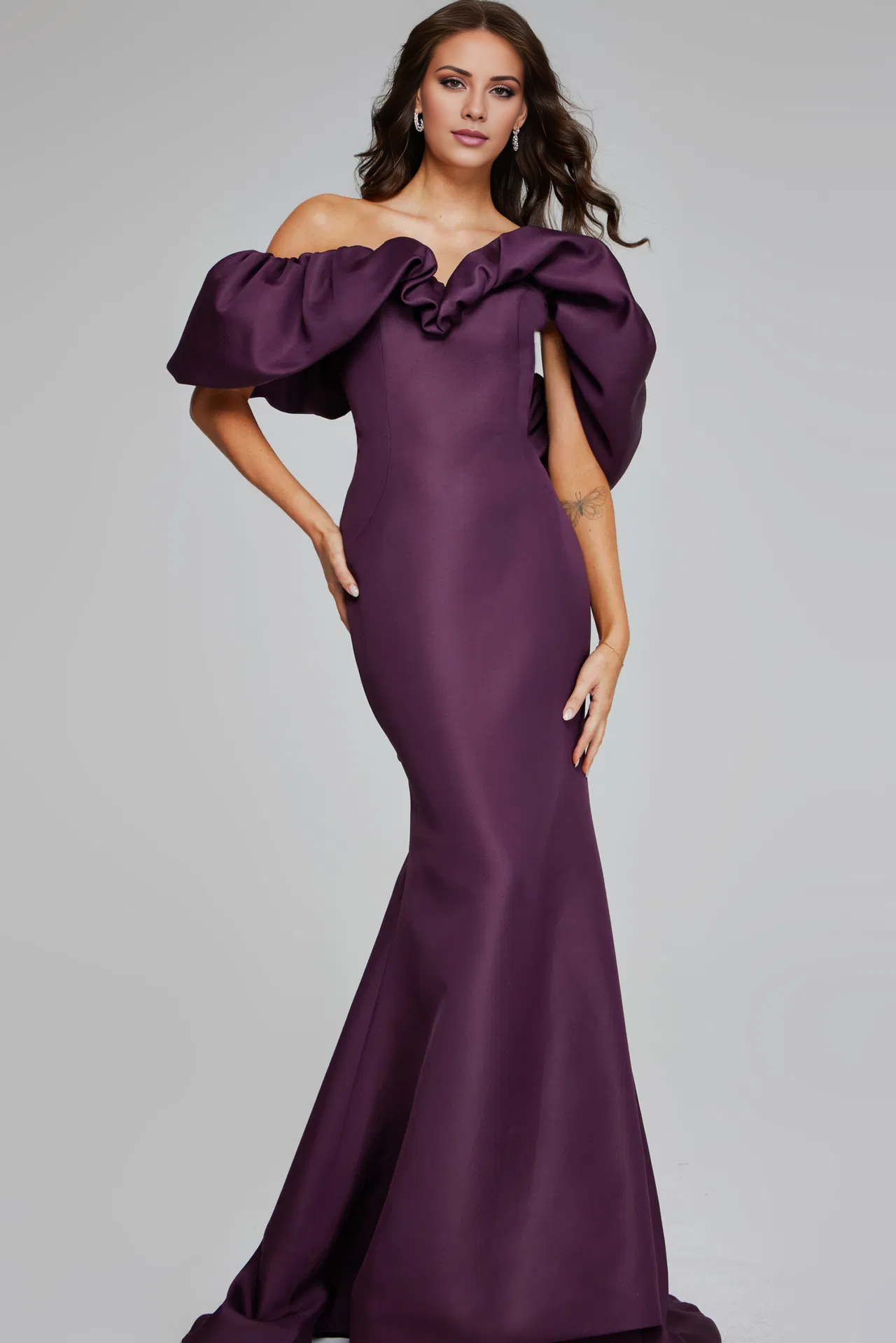 Off shoulder collar ruffled sleeves and floor length mother of the bride dress