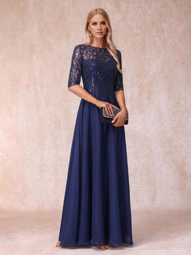 Dark Navy Sequin Bodice A-Line Chiffon Floor-Length Dress