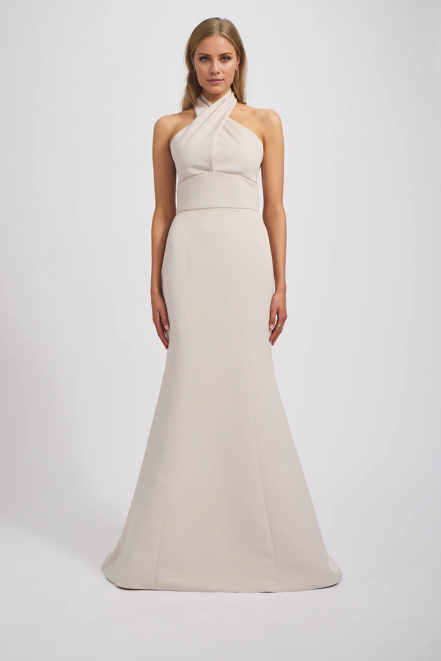 Vestido de fiesta Jimiss con escote halter, hombros descubiertos, sin mangas, espalda descubierta y largo hasta el suelo