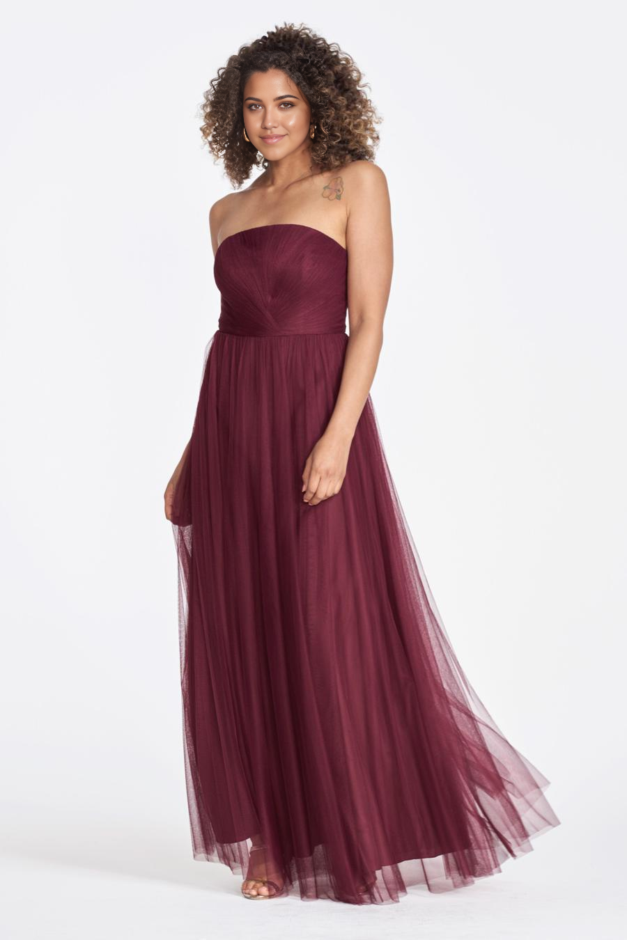 Burgundy Tulle A-Line Sweetheart Floor-Length Bridesmaid Dress