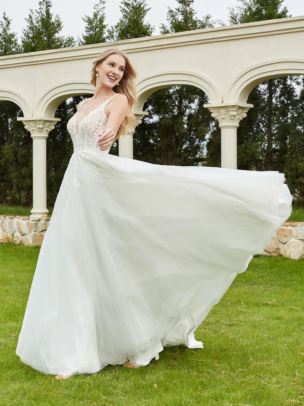 Ivory Lace A-Line V-Neck Floor-Length Bridesmaid Dress