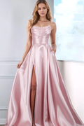 Vestido de noche formal Jimiss Sweet, corte A, escote barco, sin mangas, con lentejuelas, plisado, abertura lateral alta y lazo colgante