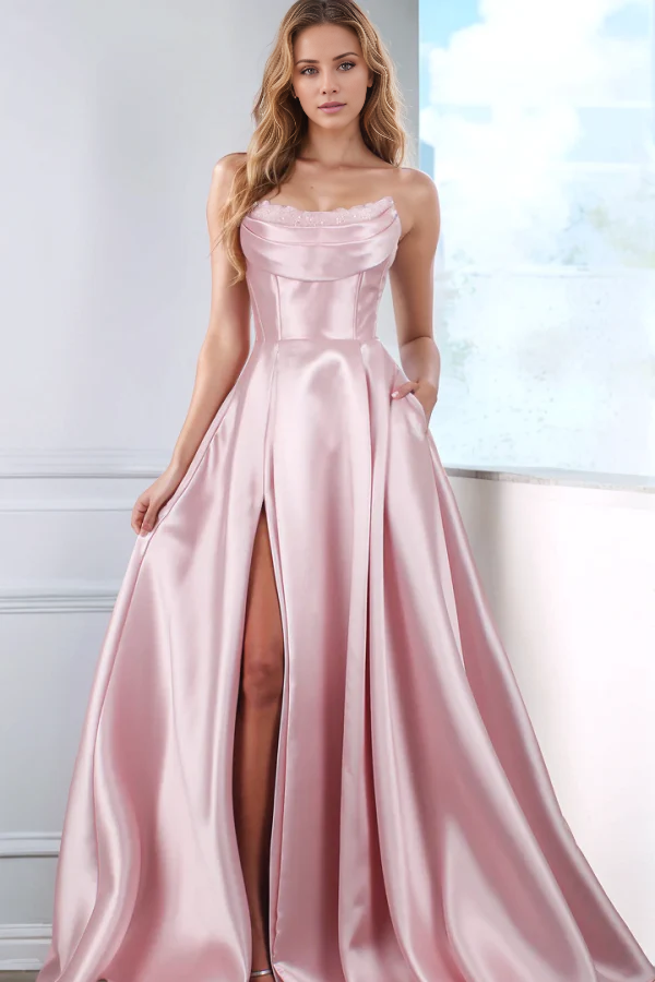 Blushing Pink Satin A-Line Floor-Length Dress with Sweetheart Neckline, High Slit & Pockets