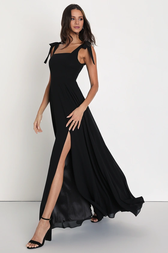 Black Chiffon A-Line Square Neck Floor-Length Bridesmaid Dress with Self-Tie Straps & High Slit