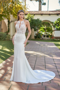 Ivory Lace Halter Neckline Sheath/column Floor-Length Backless Bridesmaid Dress with Chapel Train