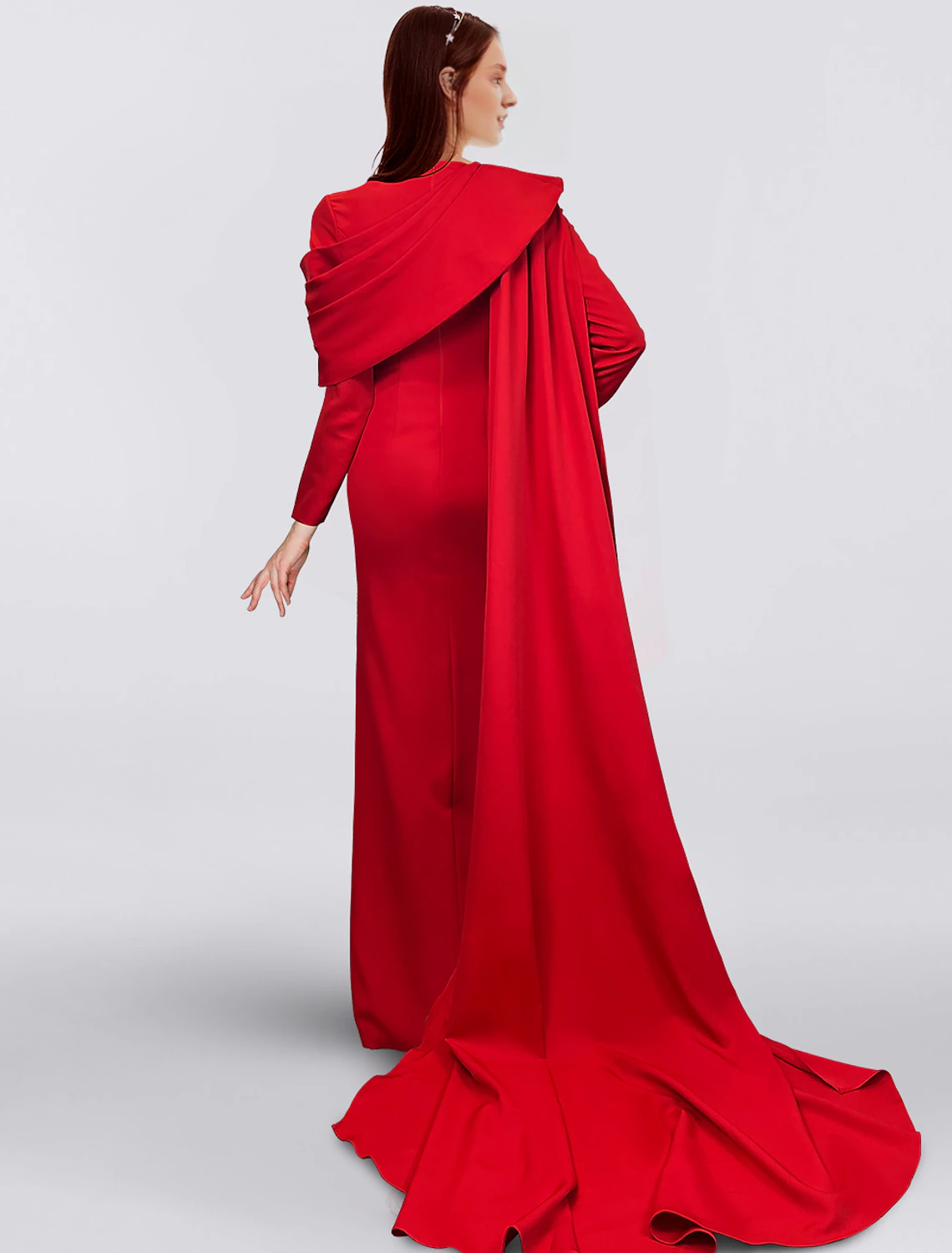 Vestido de noche elegante con capa, corte tubo, rojo, negro, navideño, rojo y verde, formal, de otoño, con cola larga, cuello vuelto, botones y abertura, 2025