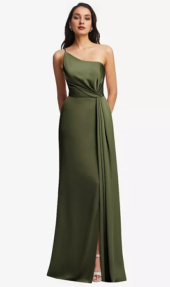 Olive Green Satin One Shoulder Sheath Floor-Length Gown
