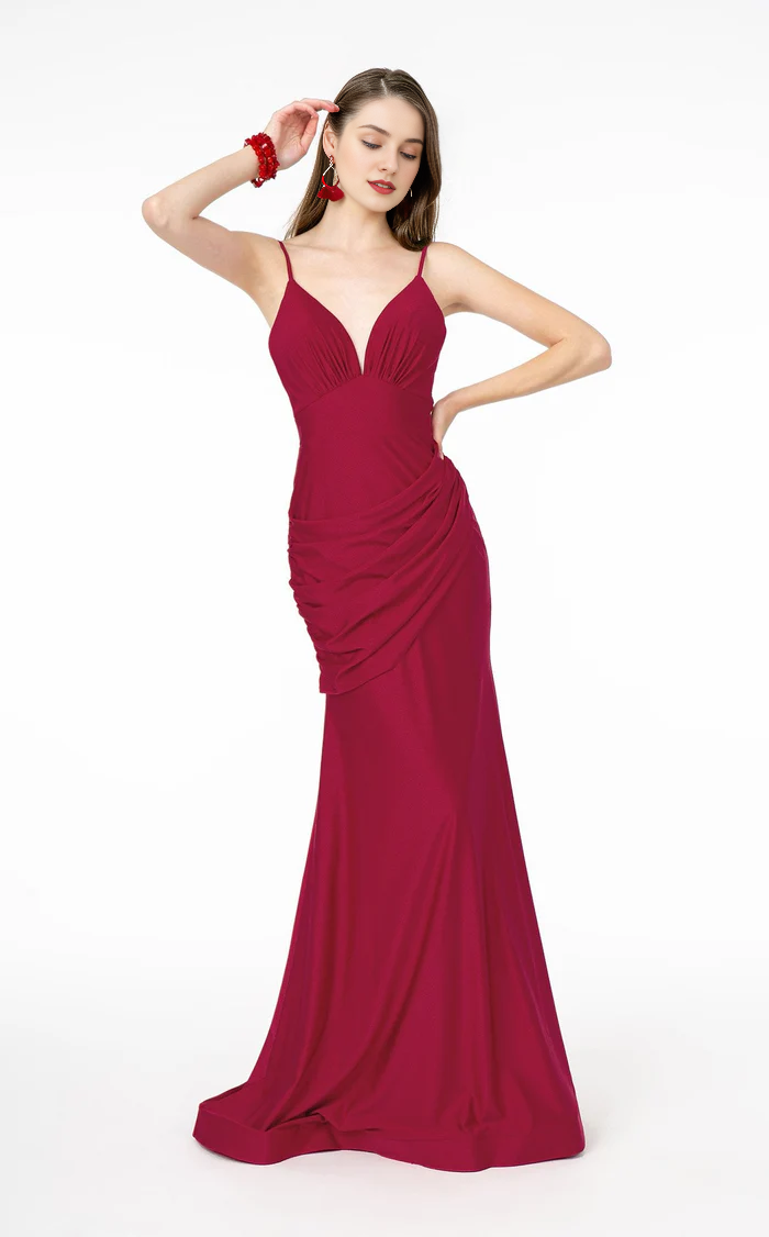 Burgundy Stretch Knit Mermaid Floor-Length Evening Dress
