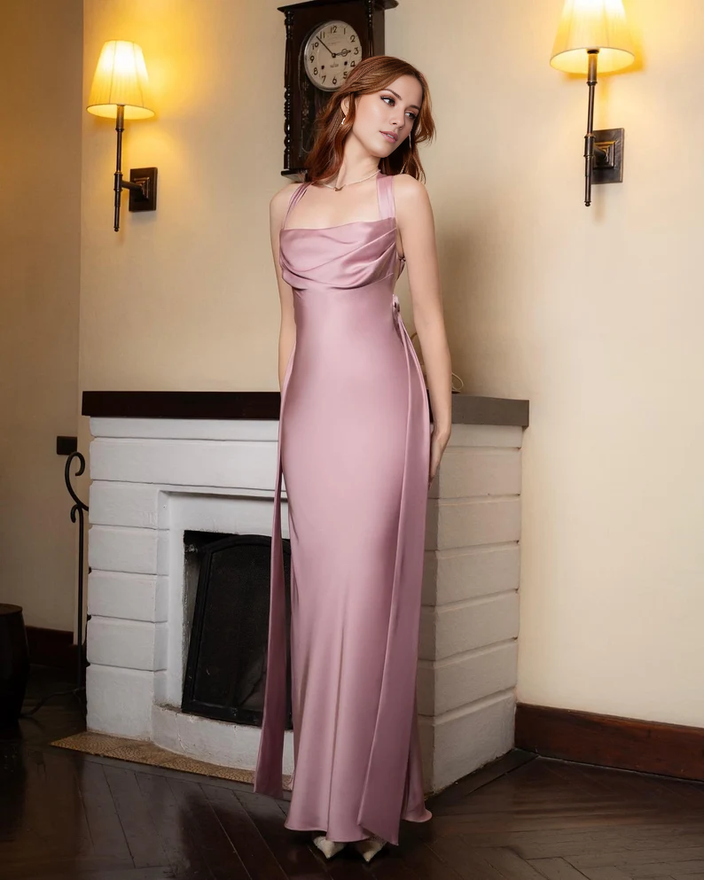 Blushing Pink Satin Sheath/column Cowl Neck Floor-Length Dress with Draped Bodice and Side Flowing Panels