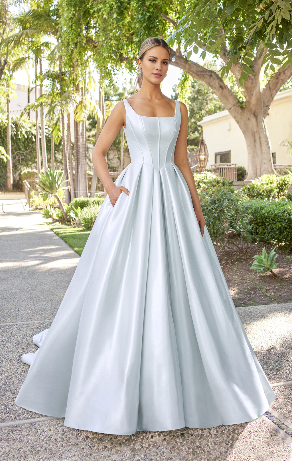 Mist Satin Ball Gown Square Neck Floor-Length Dress with Structured Bodice