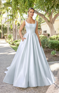 Mist Satin Ball Gown Square Neck Floor-Length Dress with Structured Bodice