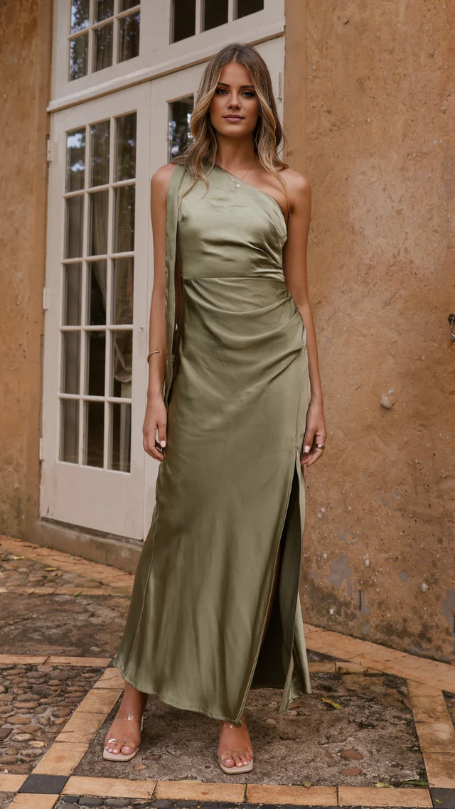 Vestido de fiesta Jimiss con cuello de un solo hombro, sin mangas, abertura lateral y largo hasta el suelo