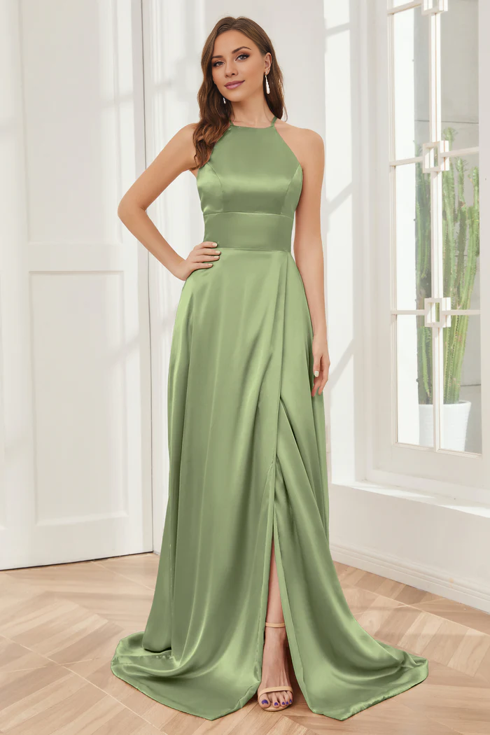 Vestido de dama de honor largo hasta el suelo de satén suave con escote de columna