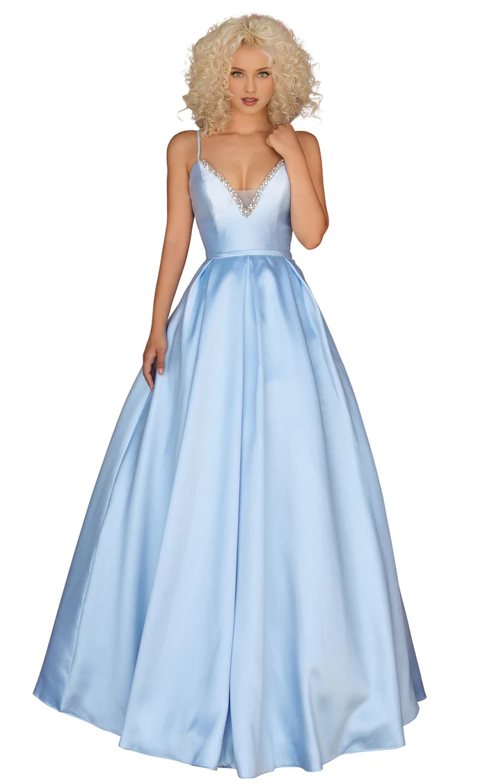 Vestido de noche largo hasta el suelo con escote en V, tirantes finos y corsé ajustado.