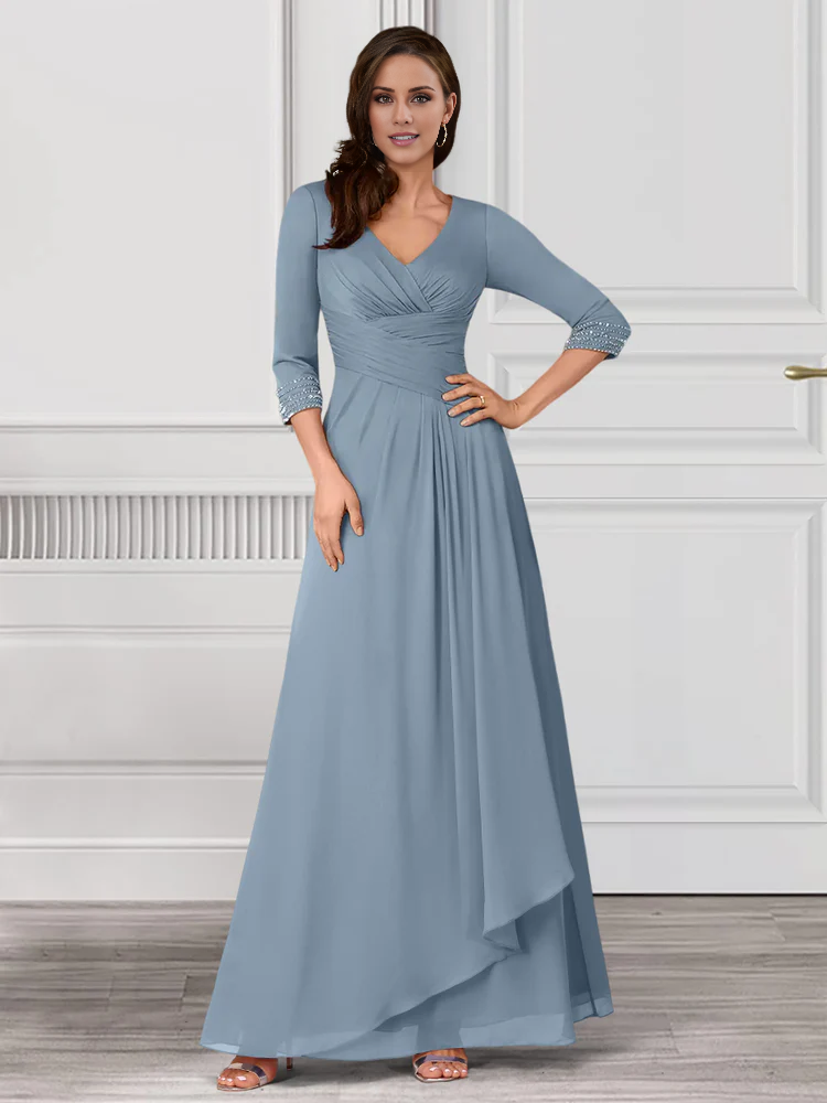 Vestido para madre de la novia con corte A/princesa, escote en V, mangas 3/4 y dobladillo con volantes 