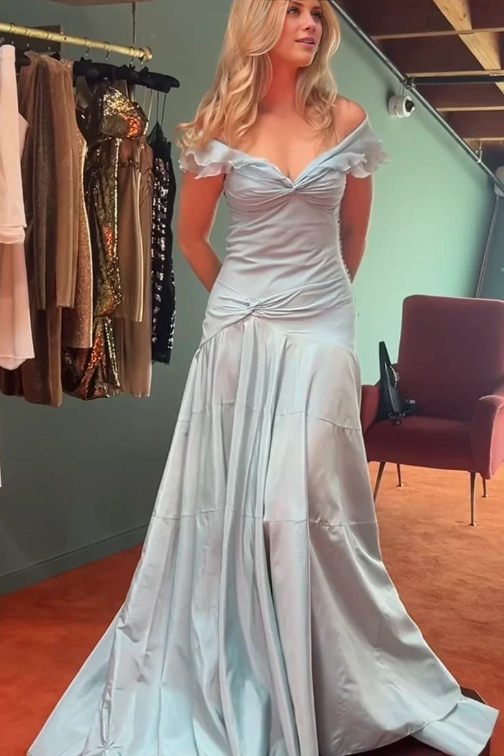 Sky Blue Satin Off-the-Shoulder Trumpet Floor-Length Evening Dress