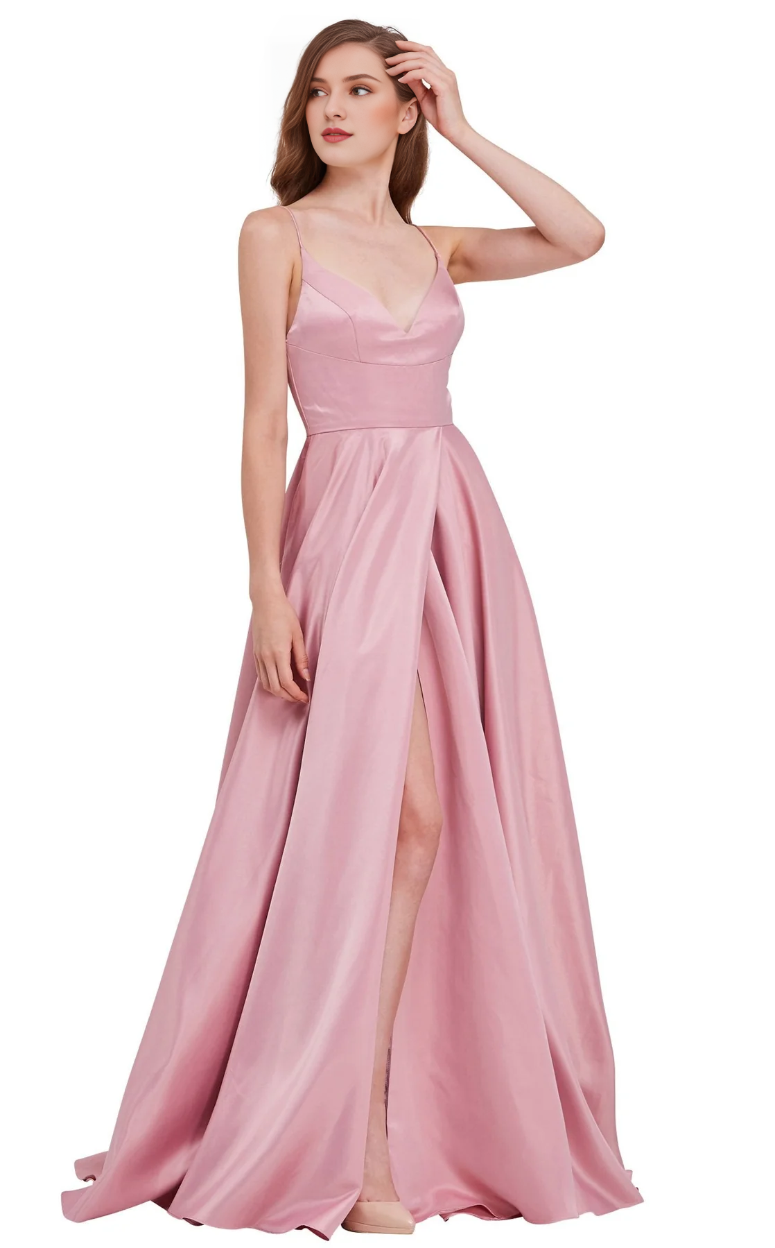 Vestido de noche largo hasta el suelo con corsé ajustado, espalda descubierta y escote en V en forma de A