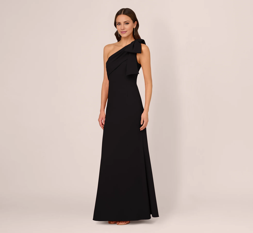 Vestido de fiesta Jimiss de crepé con un solo hombro, espalda descubierta, lazo y largo hasta el suelo