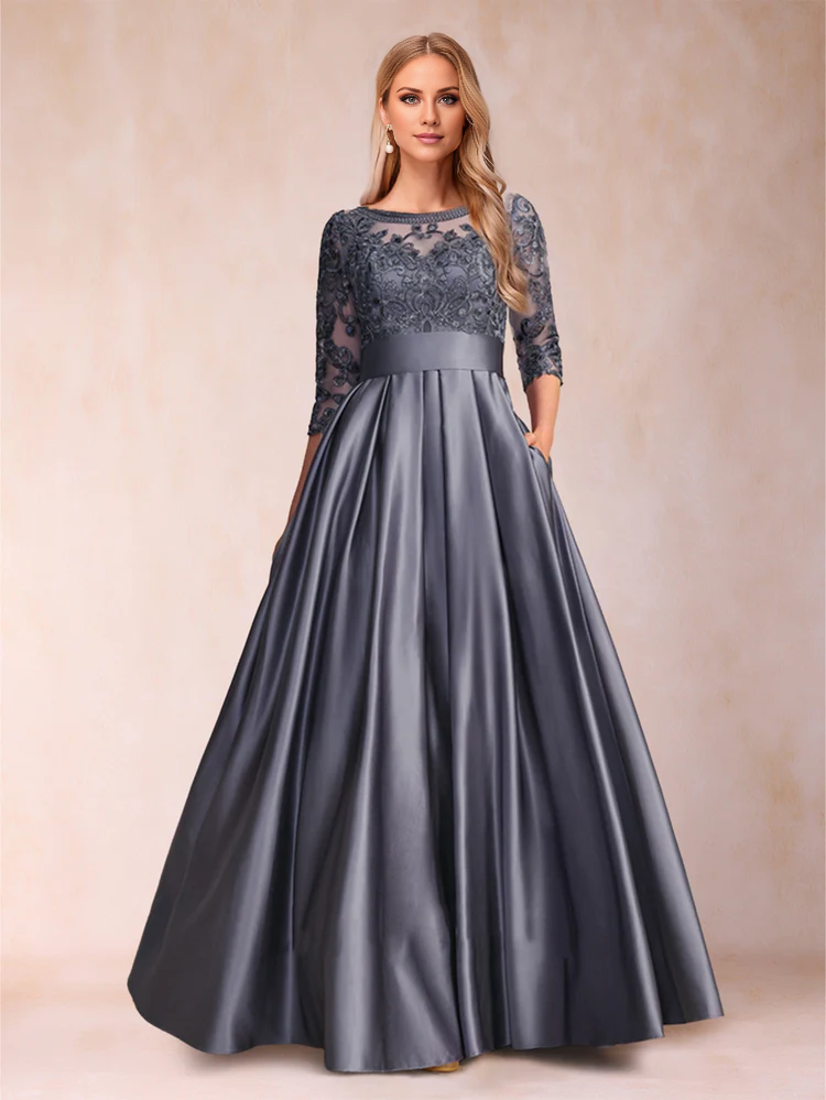 Grey Lace & Satin A-Line Floor-Length Bridesmaid Dress | Boat Neck, Pleated Skirt