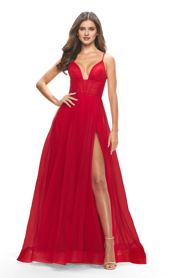 Red Chiffon A-Line Floor-Length Evening Dress with Plunging V-Neck