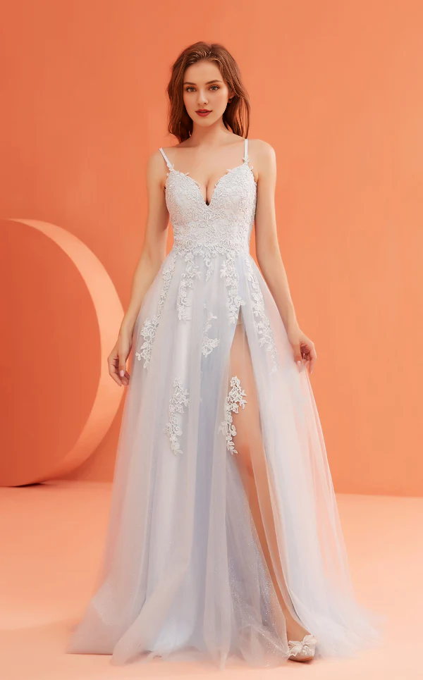 A-line deep V-neckline thin shoulder straps embroidered chiffon side slits and floor length Prom dress