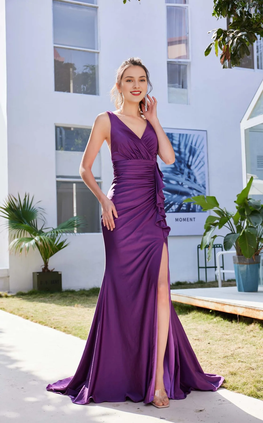 Vestido de fiesta largo hasta el suelo con escote en V, borde con volantes, plisado y abertura en la cintura