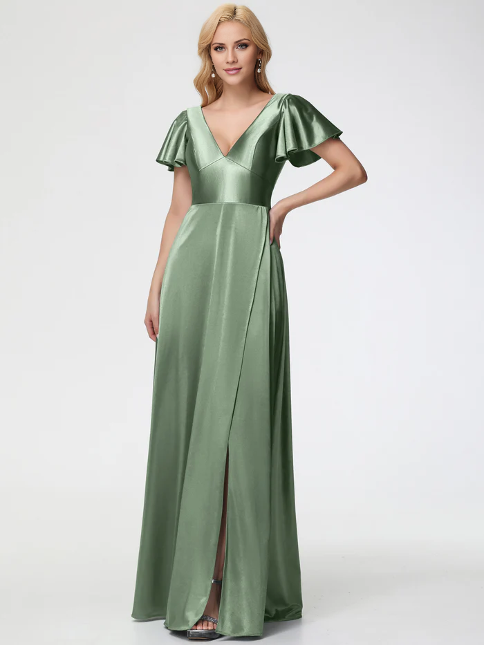 sage green silk bridesmaid dress Satin A-Line Floor-Length with V-Neck & Flutter Sleeves Gemstoe:Diamond Open Back Color:White & Navy Gingham Floral Applique Midi Dress