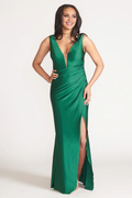 Vestido de fiesta Jimiss con escote en V profundo, sin mangas, hombros descubiertos, abertura lateral y largo hasta el suelo