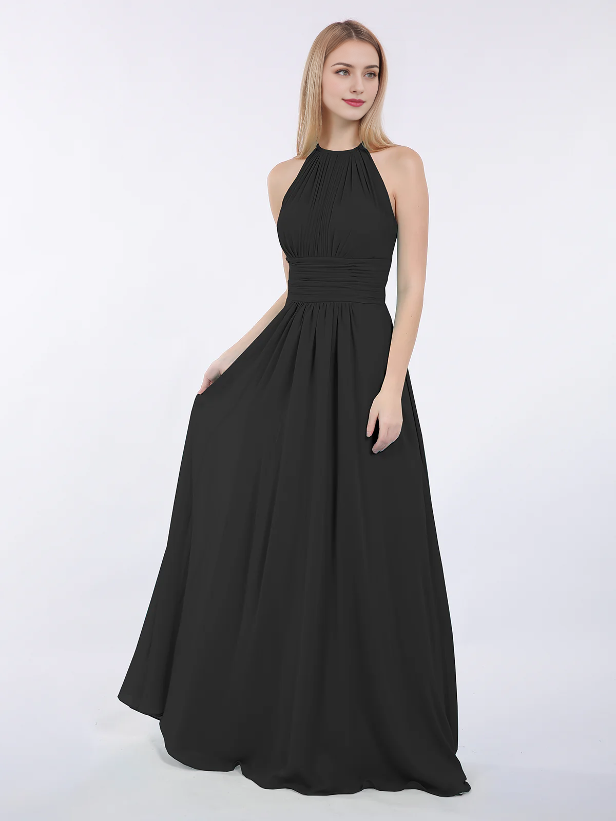 Mocha Chiffon A-Line Halter Neck Floor-Length Bridesmaid Dress with Pleated Bodice