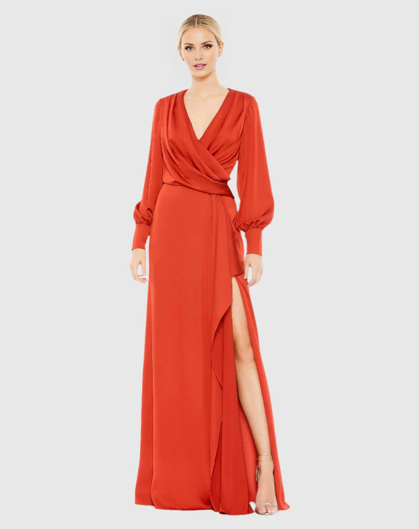 Vestido de noche largo hasta el suelo con escote en V, manga larga y abertura lateral